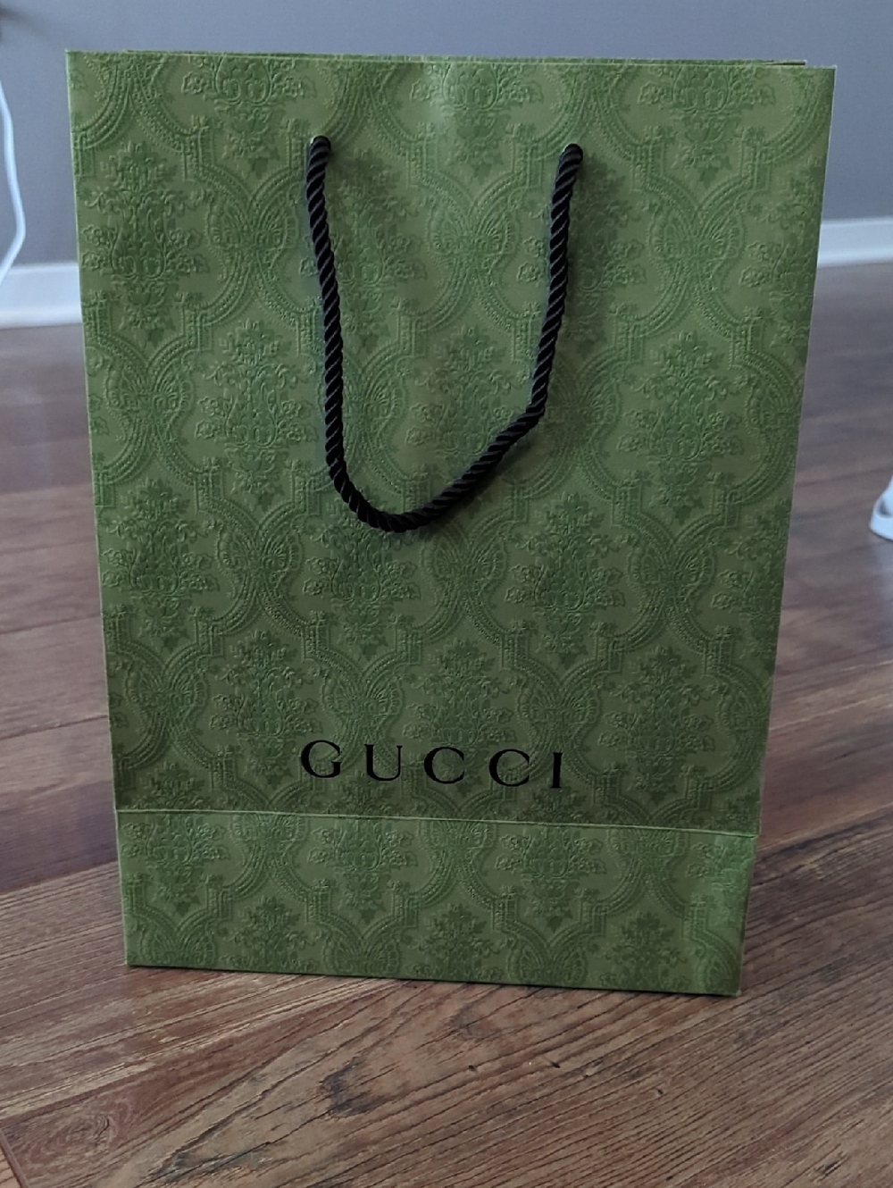 Gucci Olive Green Embossed Paper Gift Bag with Black Rope Handles